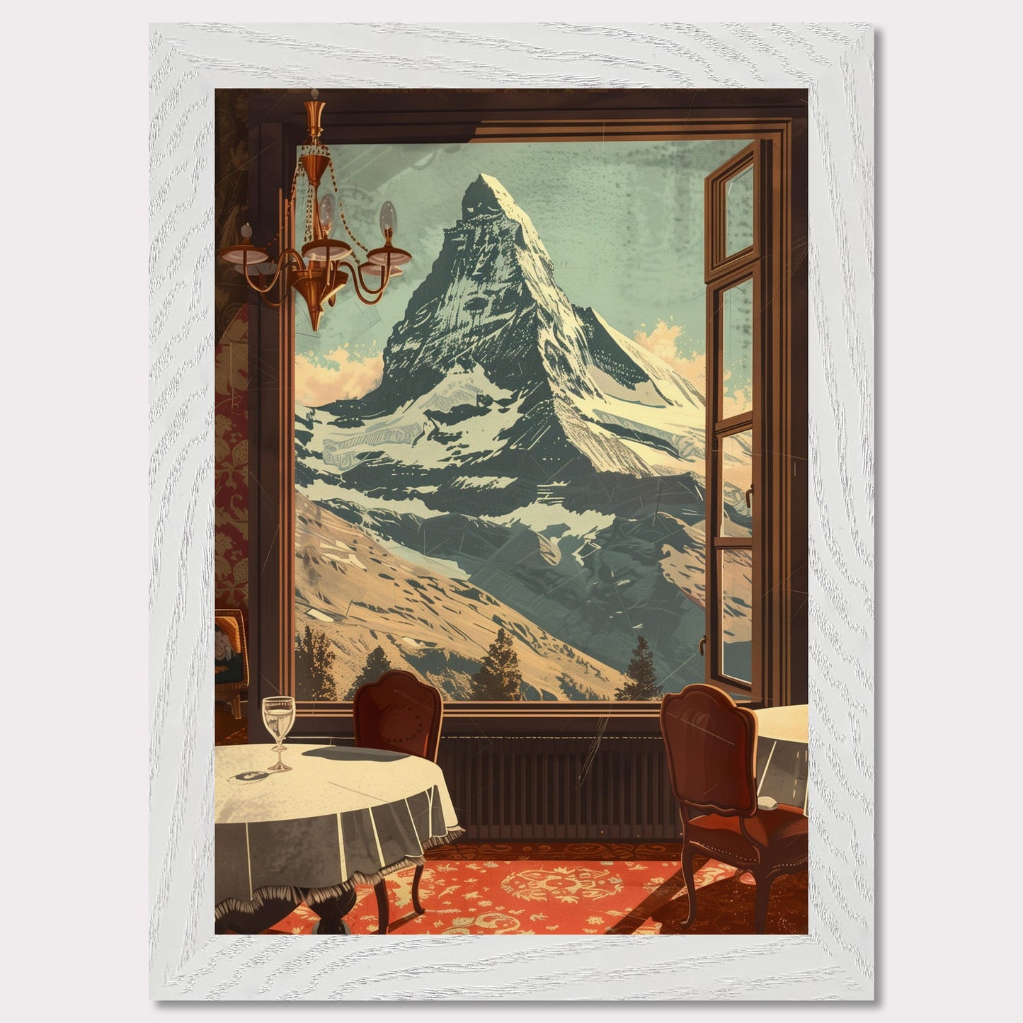 Witness the breathtaking view of a majestic snow-capped mountain through an elegantly framed window. This serene setting features a cozy dining area with classic furniture, a radiant chandelier, and a beautifully patterned carpet.