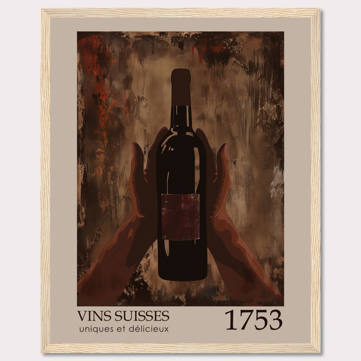 This image showcases a framed poster featuring a bottle of wine held by two hands against an abstract, textured background.