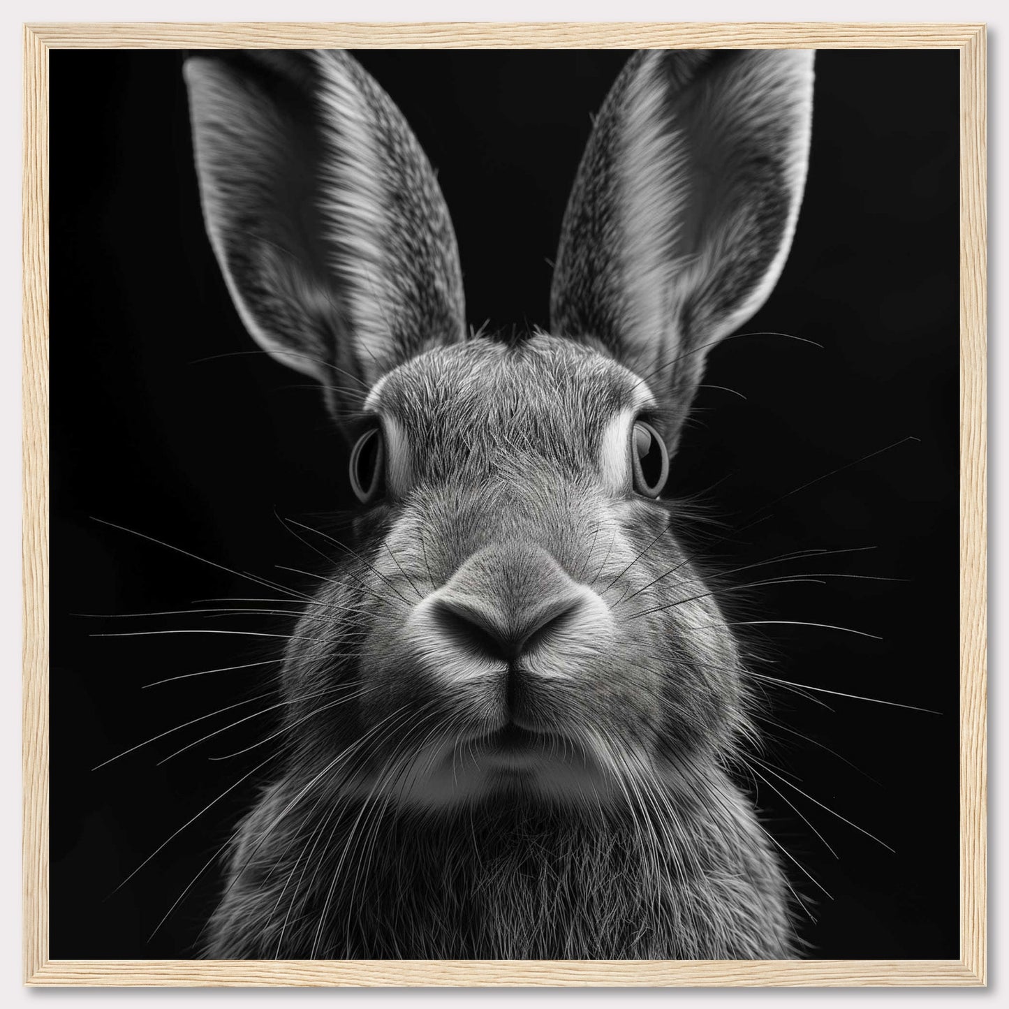 This striking black and white photograph captures a close-up of a rabbit, highlighting its expressive eyes, soft fur, and long whiskers. The image's focus on the rabbit's face creates an intimate and captivating portrait.