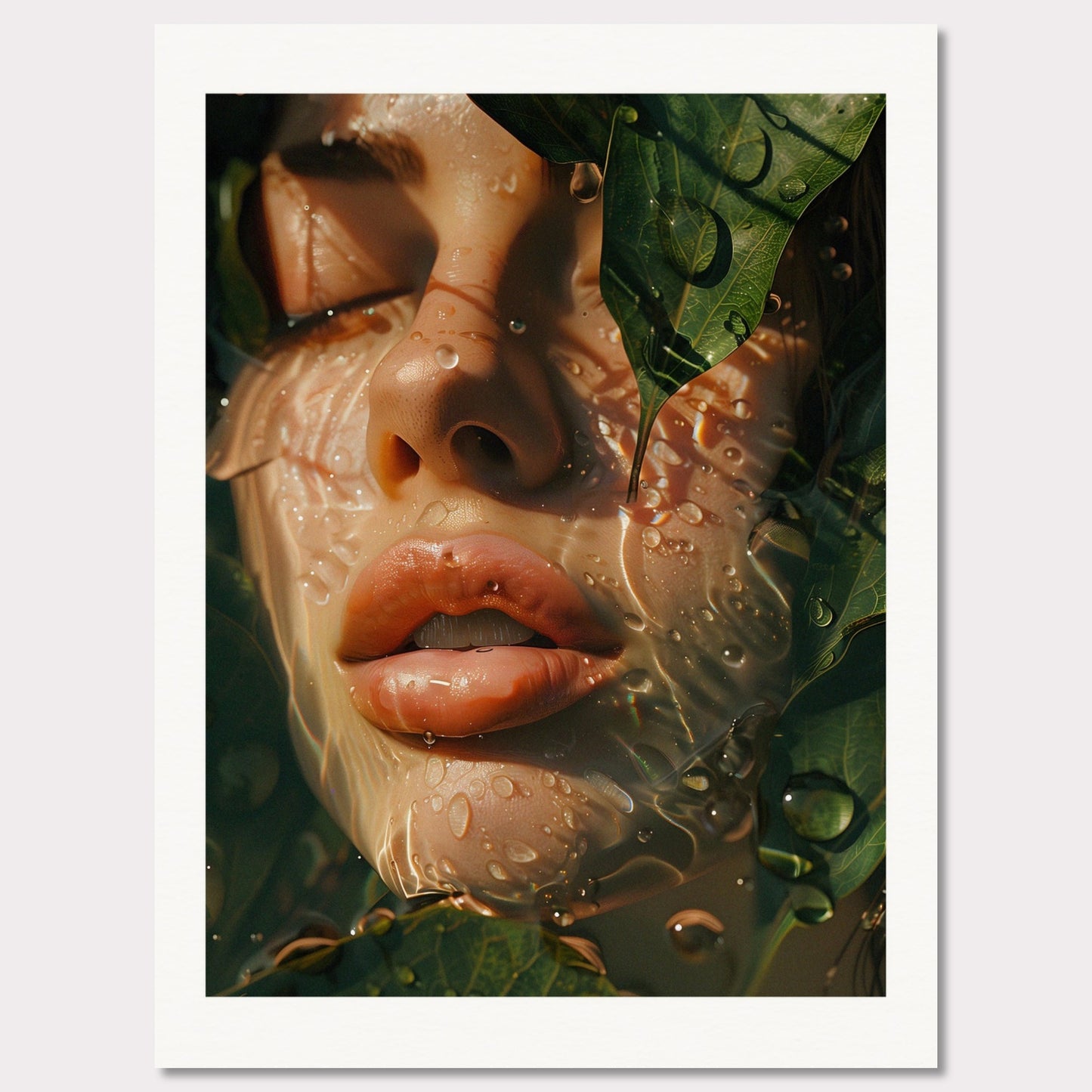 This is an artistic illustration depicting a close-up of a woman's face partially covered by leaves and water droplets.

This poster would fit well in a modern living room, bedroom, or office space, adding a touch of nature and surreal beauty to the decor.