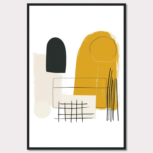 This image showcases a modern abstract art print featuring a combination of geometric shapes and lines in a minimalist style. The artwork includes a prominent mustard yellow shape, a black oval form, a beige rectangle, a grid pattern, and several vertical lines.