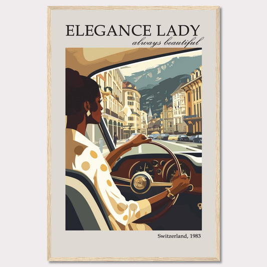 This image depicts a stylish woman driving through a picturesque European city, exuding elegance and confidence.