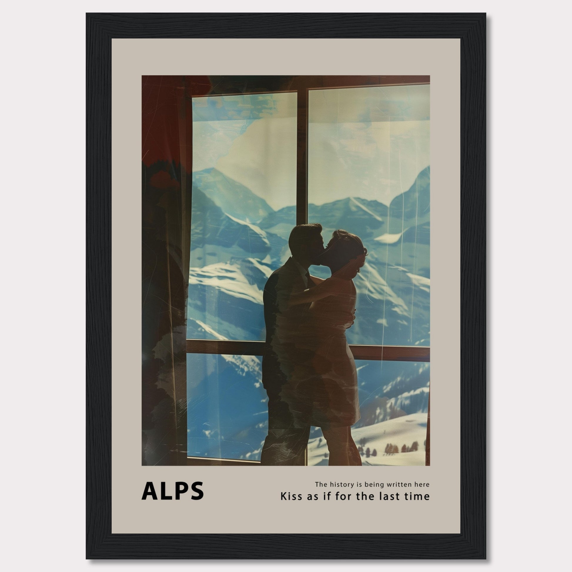 A romantic poster featuring a couple sharing a kiss with the breathtaking backdrop of the Alps visible through a large window. The serene snowy mountains and clear blue sky add to the emotional ambiance.