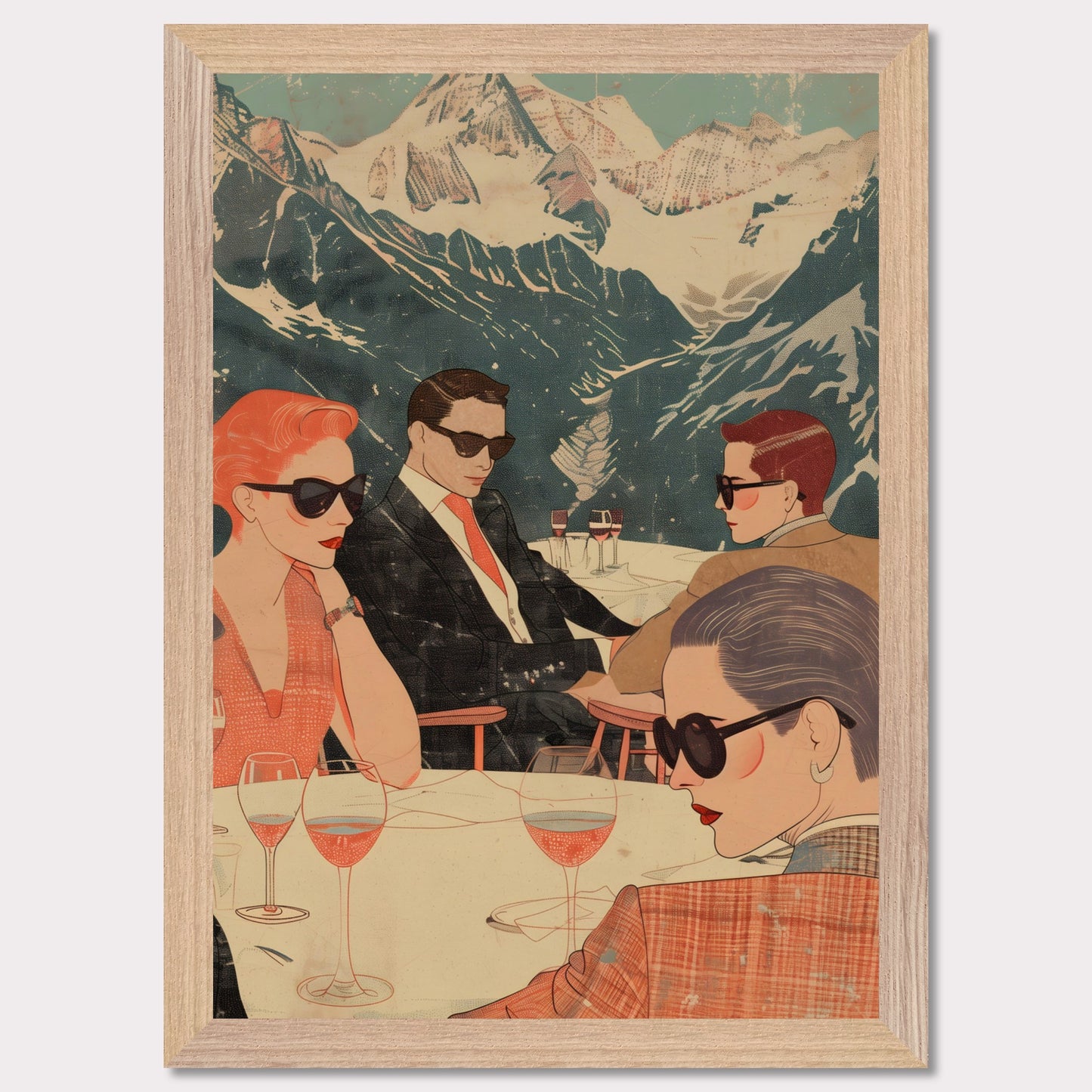 This captivating illustration depicts a stylish group of individuals enjoying a sophisticated gathering with a stunning mountain backdrop.