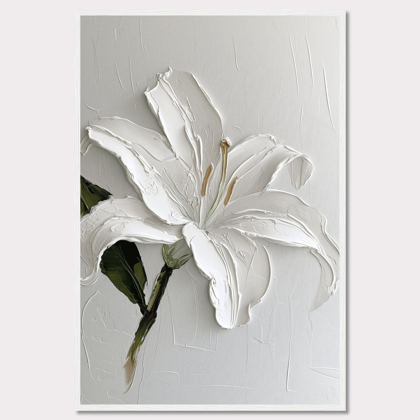 This image showcases a stunning textured painting of a white lily, elegantly framed in black. The thick brushstrokes add depth and dimension to the petals, creating a lifelike appearance. The background is kept minimal, allowing the flower to be the focal point.