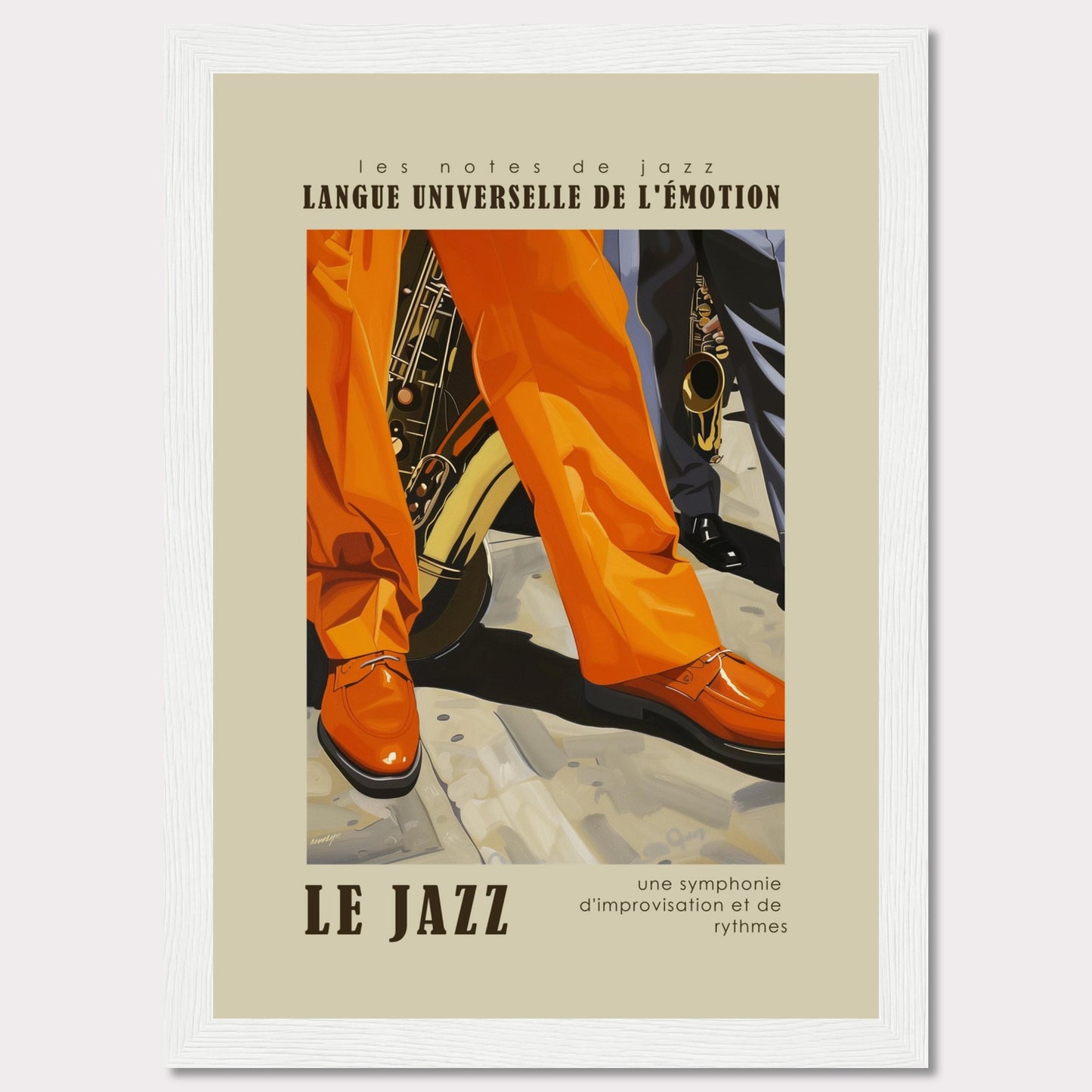 This vibrant poster captures the essence of jazz with its bold colors and dynamic imagery. The scene focuses on the legs and shoes of musicians, emphasizing their lively movements. Brass instruments peek from behind, hinting at the soulful music being played. The text reads "LANGUE UNIVERSELLE DE L'ÉMOTION" and "LE JAZZ," highlighting jazz as a universal language of emotion. The tagline, "une symphonie d'improvisation et de rythmes," describes jazz as a symphony of improvisation and rhythms.