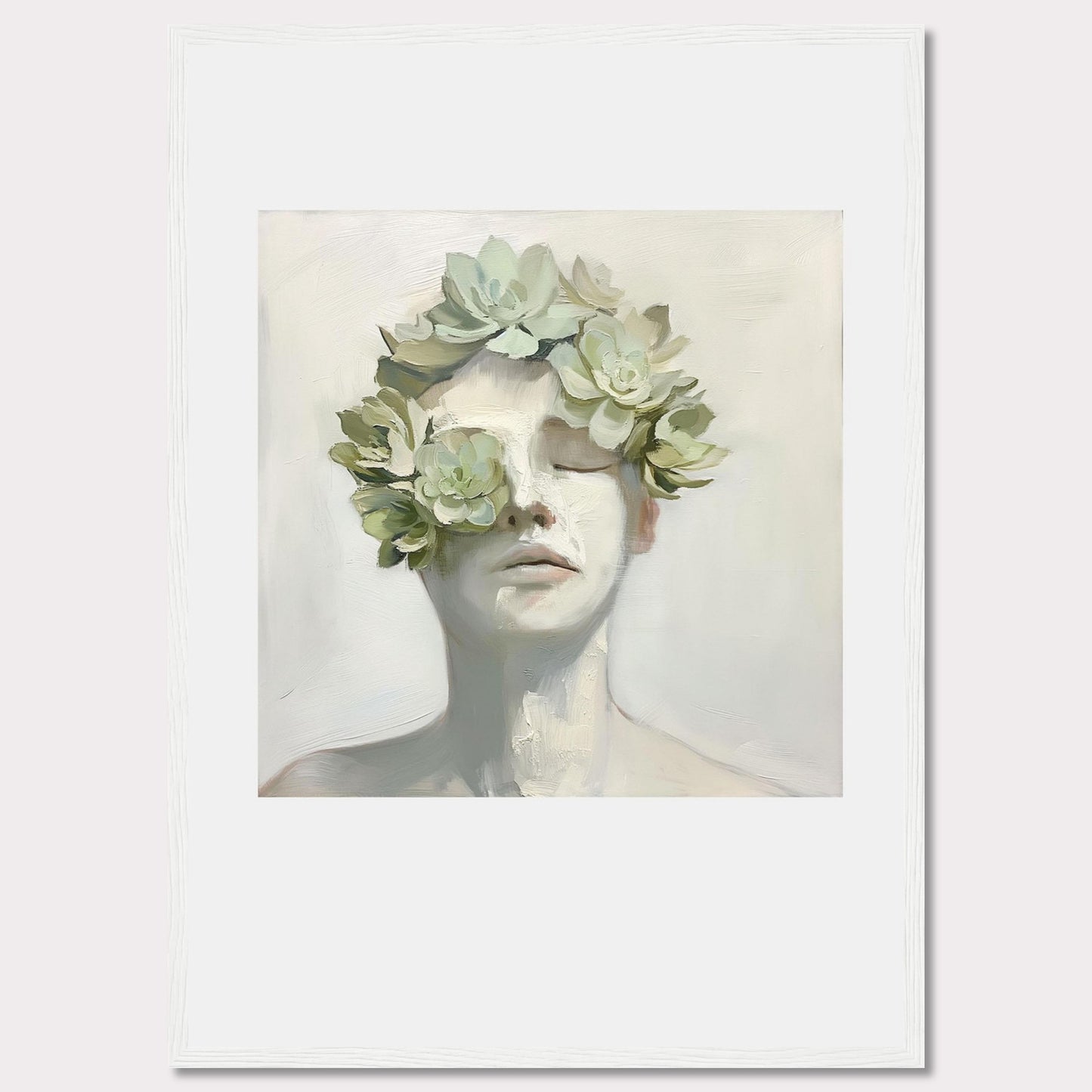 This captivating artwork features a serene face adorned with a crown of succulents, blending nature and human form in a harmonious expression.