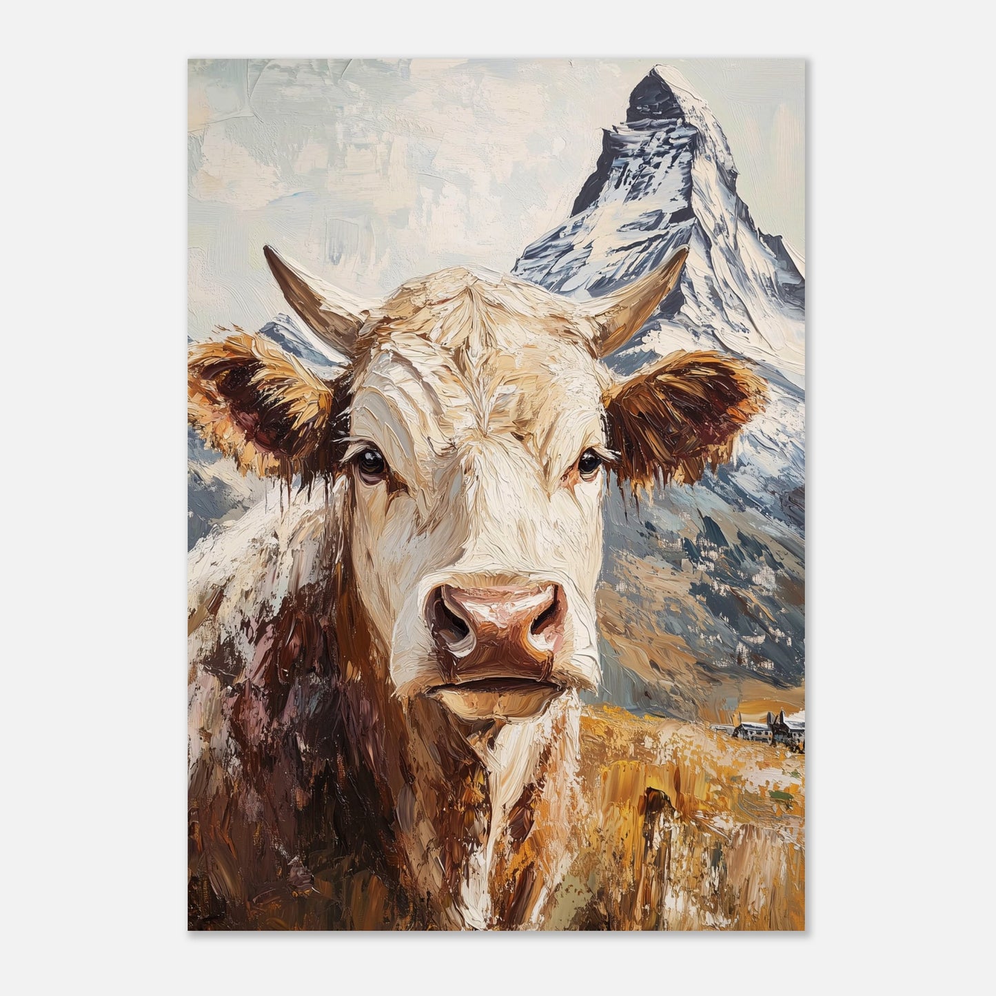 This vibrant poster celebrates the rustic charm of Swiss alpine life, featuring a close-up portrait of a majestic cow with the Matterhorn mountain towering in the background. The bold, textured brushstrokes create a painterly effect, bringing out the earthy tones of the cow and the dramatic snow-capped peak. This artwork reflects the connection between nature, rural traditions, and the iconic landscapes of Zermatt.