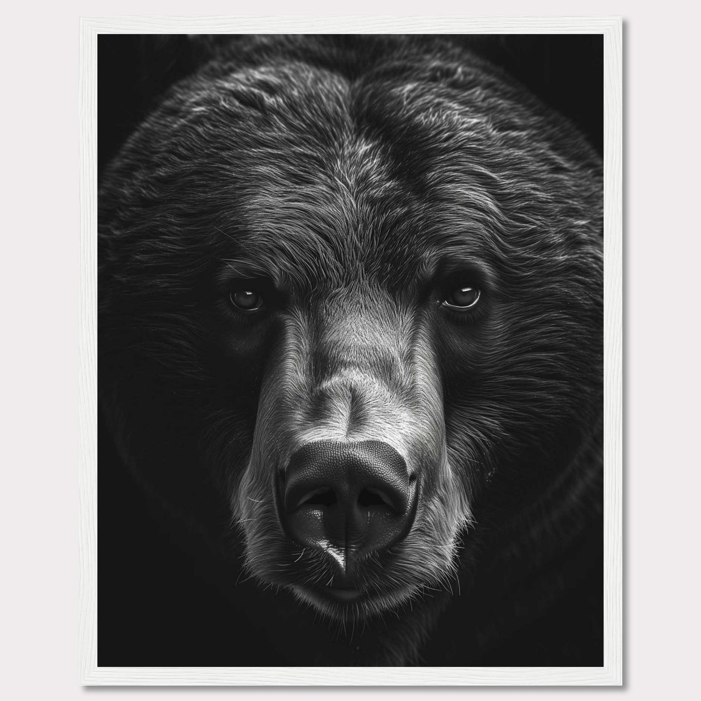 This striking black and white photograph captures the intense gaze of a bear, emphasizing its powerful presence and majestic features. The close-up shot highlights the intricate details of the bear's fur and facial structure, creating a captivating and dramatic effect.