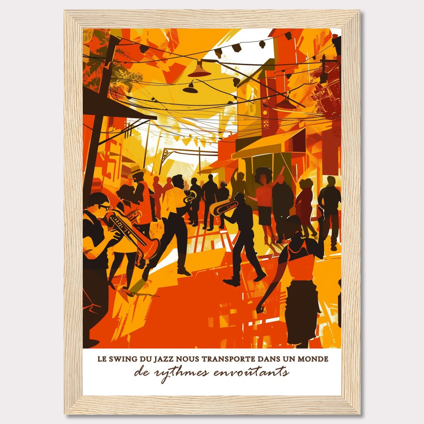 This vibrant illustration captures the lively atmosphere of a jazz street performance. Musicians with trumpets and trombones play energetically, surrounded by an enthusiastic crowd. The scene is bathed in warm hues of orange and yellow, evoking a sense of warmth and excitement.