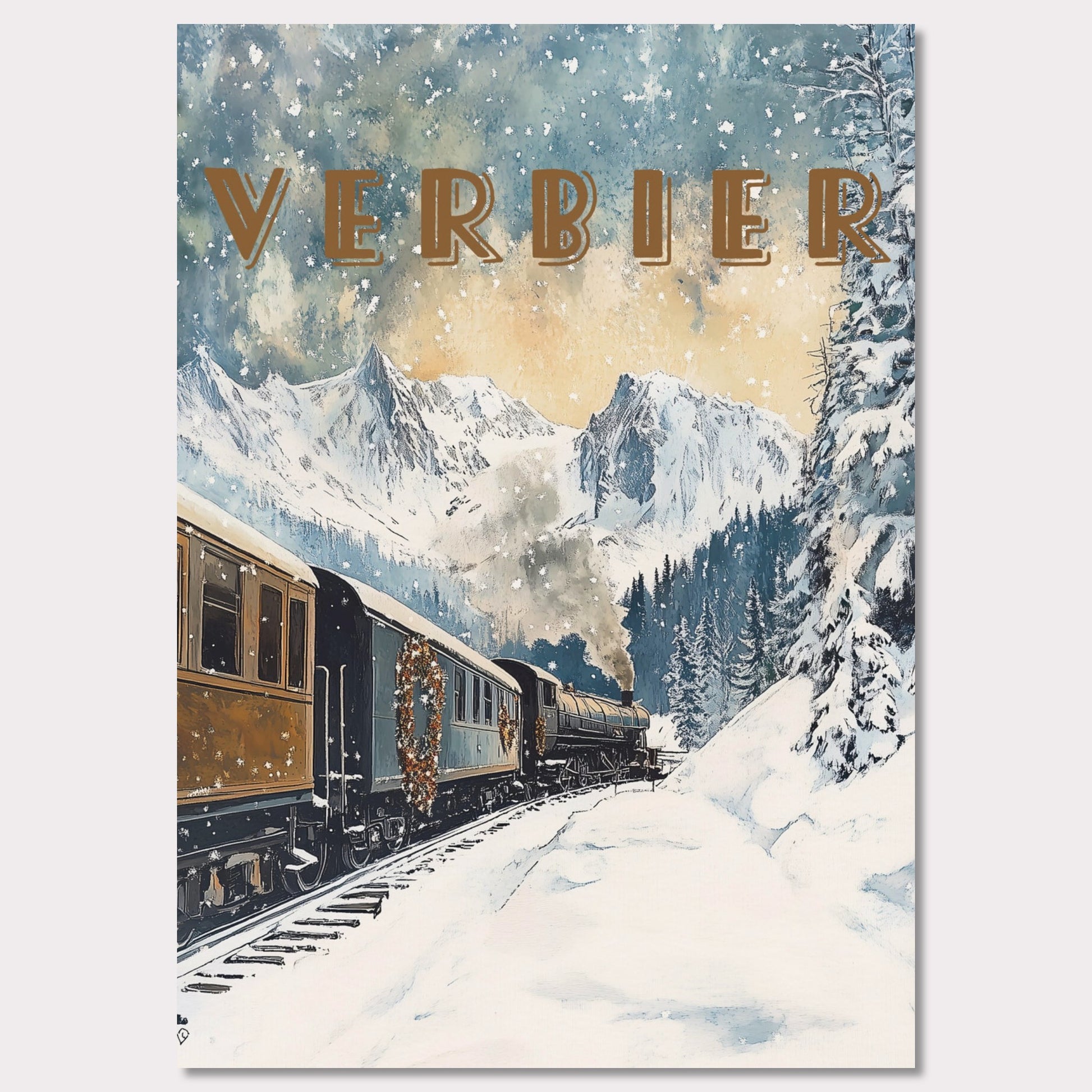 This enchanting winter poster showcases a vintage steam train winding through the snow-covered landscapes of Verbier. The train, adorned with festive wreaths, travels against a backdrop of majestic alpine peaks, tall evergreen trees, and a serene winter sky with softly falling snowflakes. The golden light filtering through the clouds adds a warm, nostalgic glow to the scene, evoking the magic of winter travel.