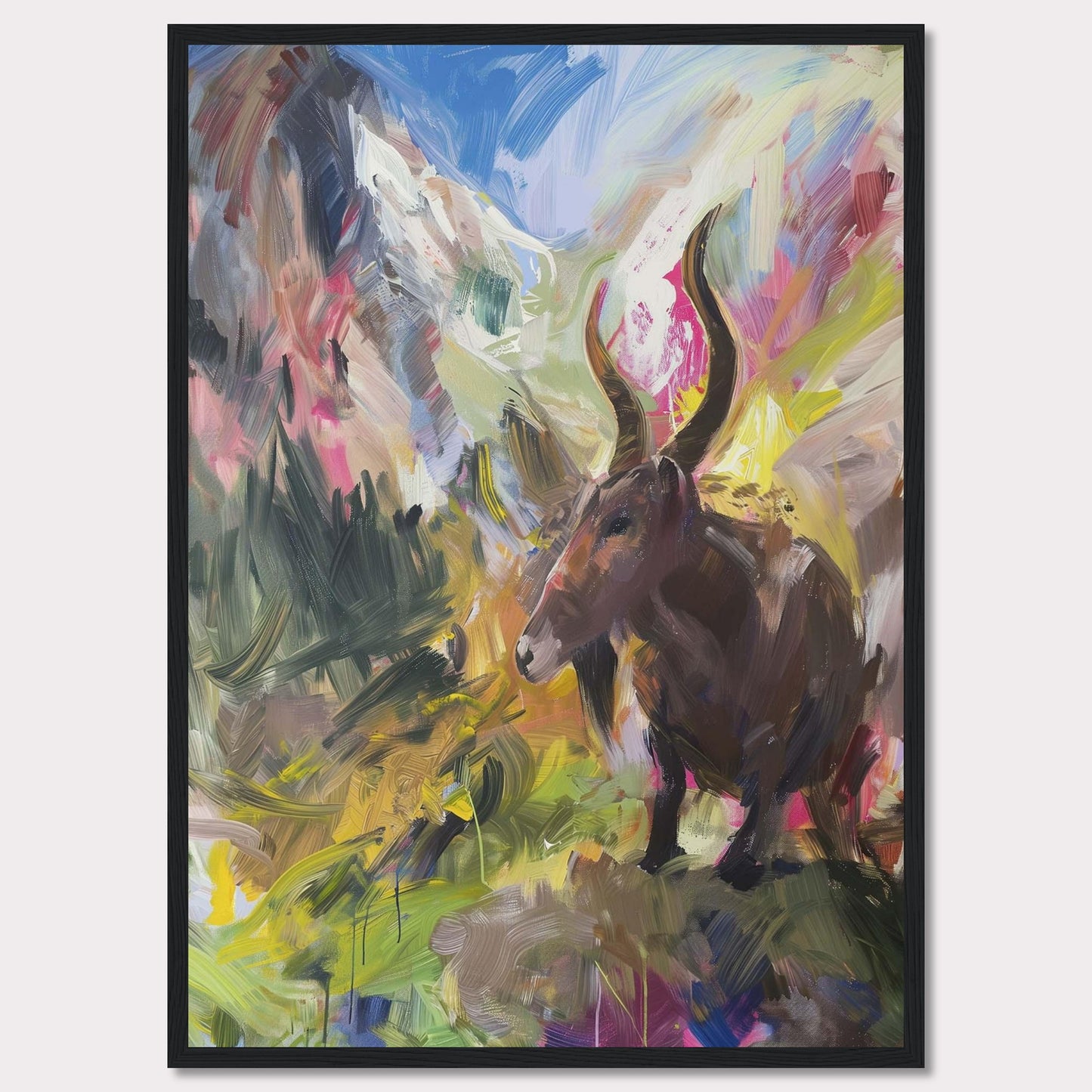 This vibrant painting captures a majestic animal with large horns standing amidst a colorful, abstract landscape. The background features dynamic brushstrokes of mountains, sky, and foliage, blending together in an explosion of colors.