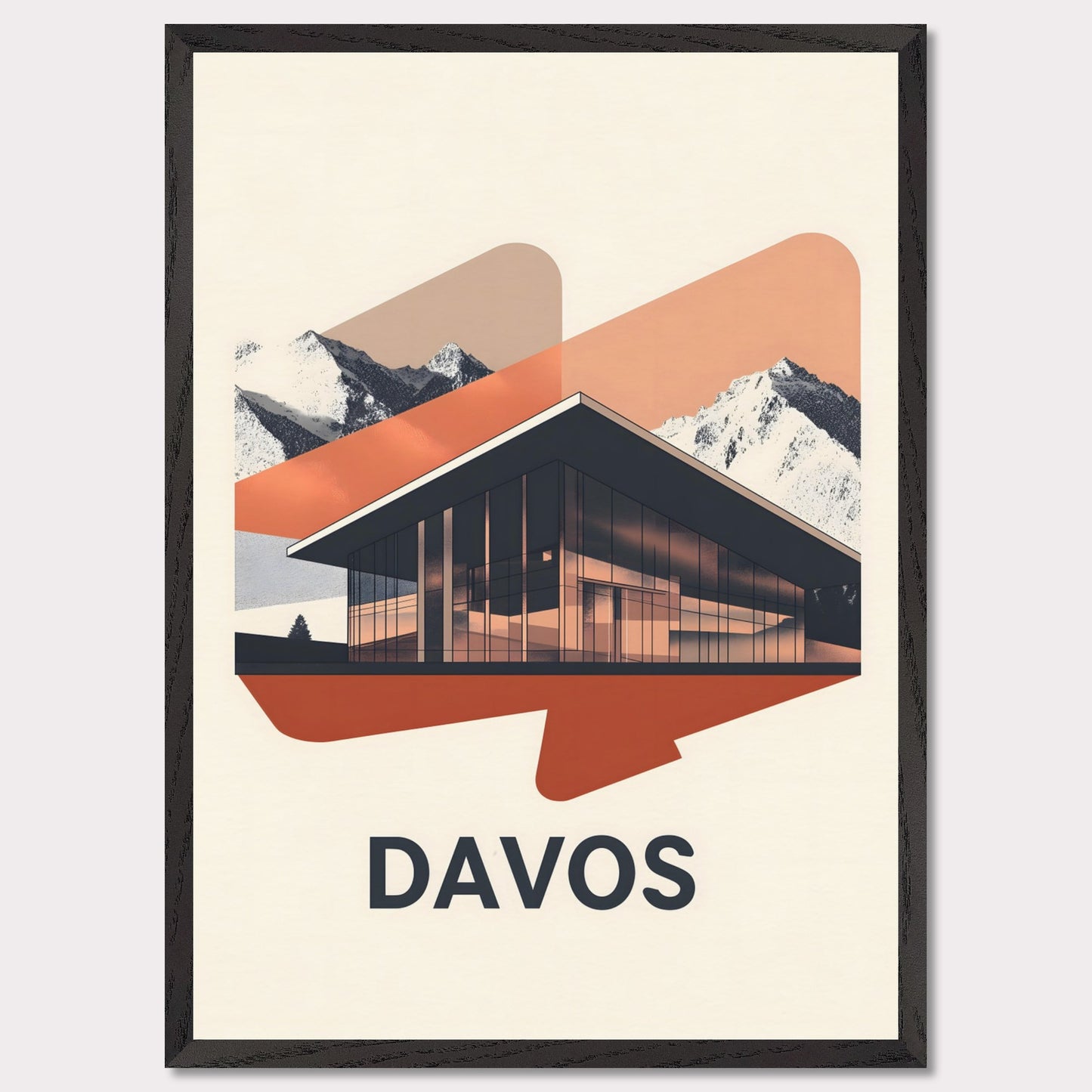 A sleek, modern representation of Davos, featuring a glass-fronted building set against towering alpine mountains. The minimalist color palette and subtle lighting effects give the scene a futuristic yet inviting feel.