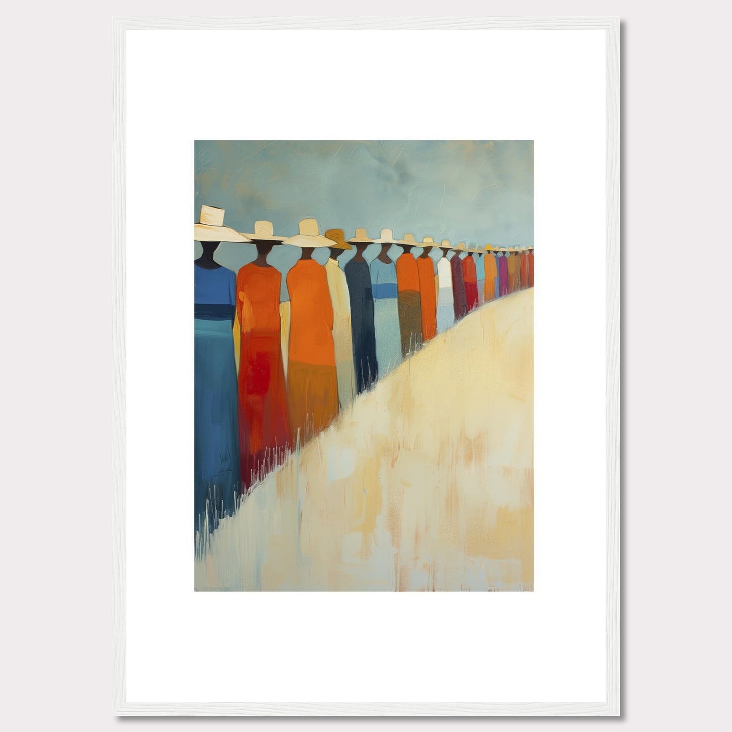 This artwork features a line of abstract figures wearing wide-brimmed hats, standing against a serene backdrop. The figures are dressed in vibrant colors, predominantly orange, blue, and white. The painting exudes a sense of unity and calmness.