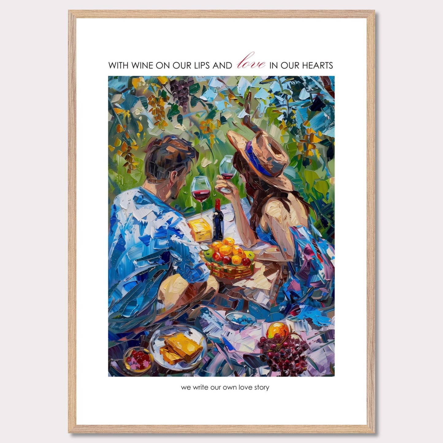 Couple on a summer picnic - Poster with a wooden frame