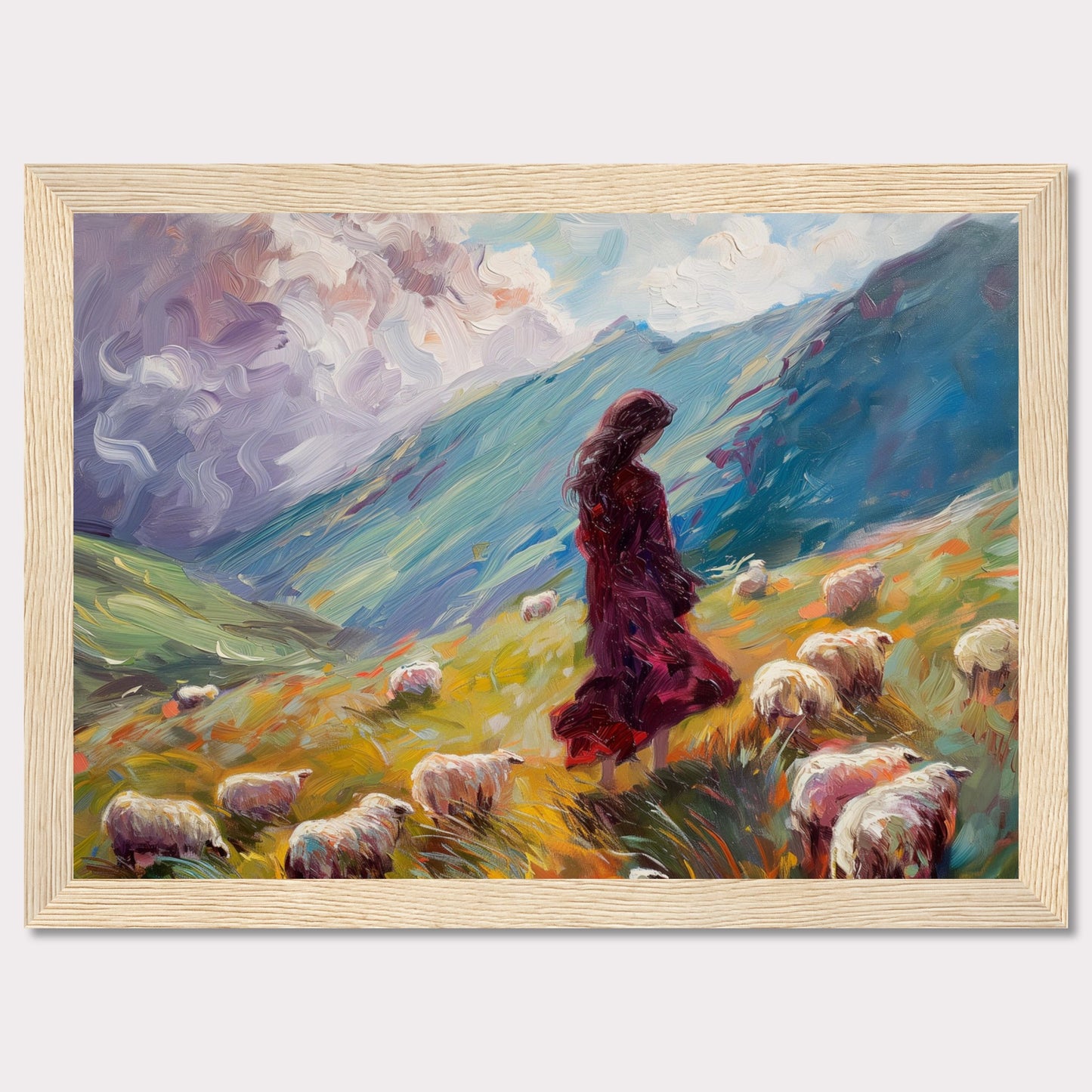 This captivating painting portrays a serene pastoral scene where a woman in a flowing red dress stands amidst a flock of sheep on a vibrant, rolling hillside. The background features dramatic, swirling clouds and lush green mountains, creating a sense of tranquility and connection with nature.