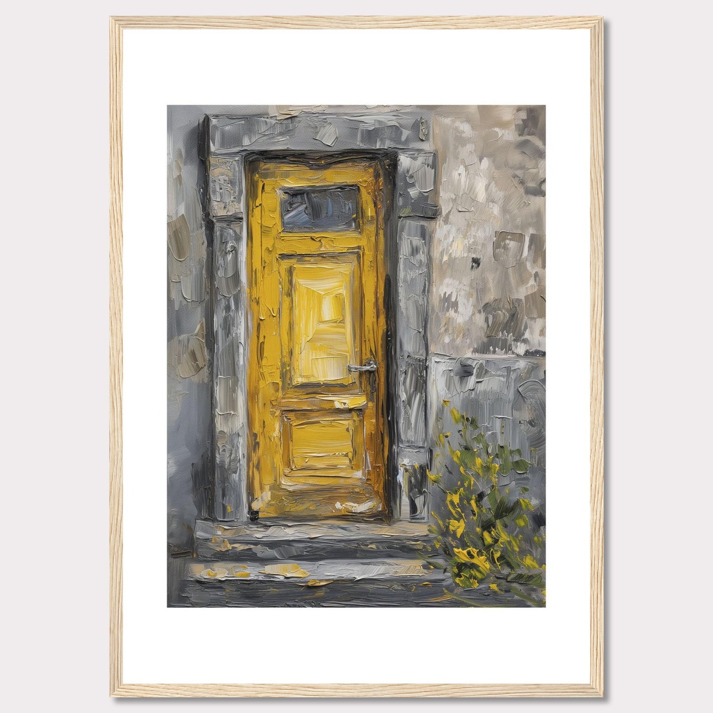 This image showcases a beautiful painting of a vibrant yellow door set within a textured, weathered stone wall. The artwork captures the rustic charm and character of an old building, with hints of greenery peeking through at the bottom right corner.