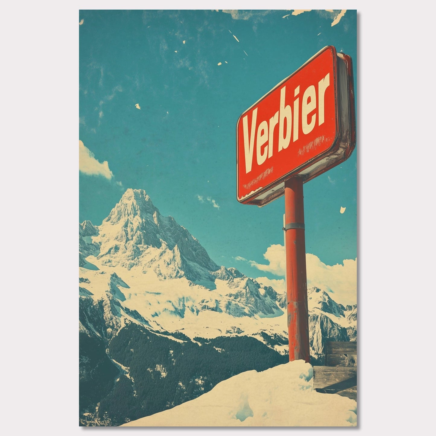 This striking retro-style poster showcases the iconic "Verbier" sign against the backdrop of towering snow-covered peaks and a bright blue sky. The rustic sign, partially worn by time, perfectly complements the expansive, untouched wilderness of the Swiss Alps. The vintage color palette and texture evoke a sense of nostalgia, capturing the allure of Verbier as a timeless destination for adventure and escape into nature’s beauty.