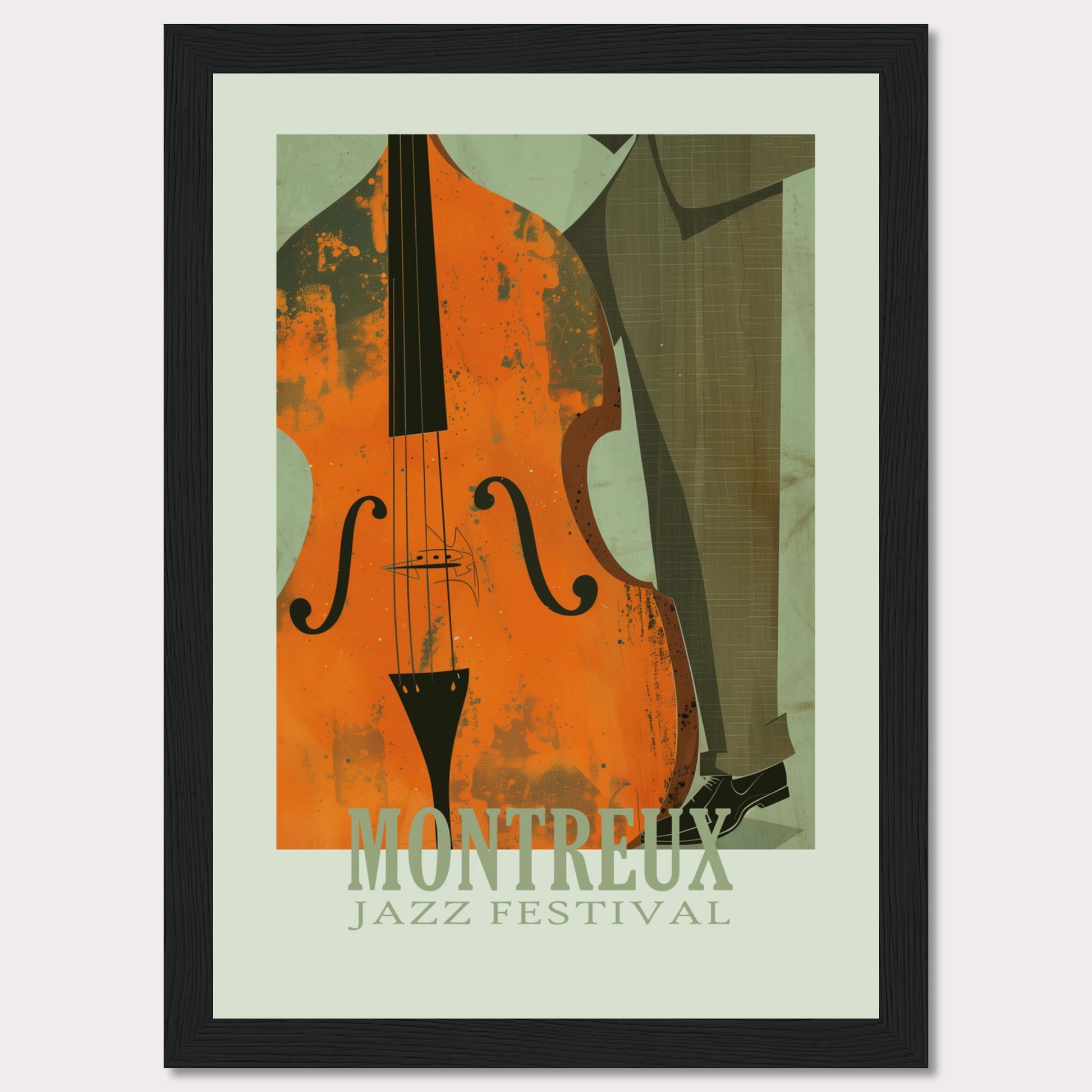 This image is a poster for the Montreux Jazz Festival. It features an abstract illustration of a double bass and a person in a suit.