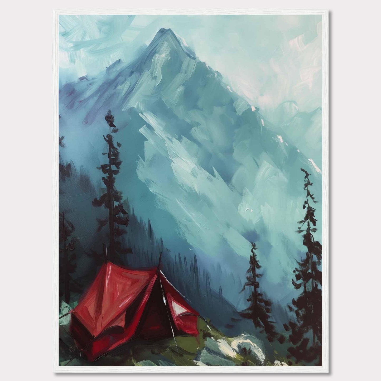 This captivating painting depicts a serene mountain landscape with a vibrant red tent pitched among tall pine trees. The majestic mountain in the background is shrouded in mist, adding a sense of mystery and tranquility to the scene. The contrast between the bold red tent and the cool blue tones of the mountain creates a striking visual effect.