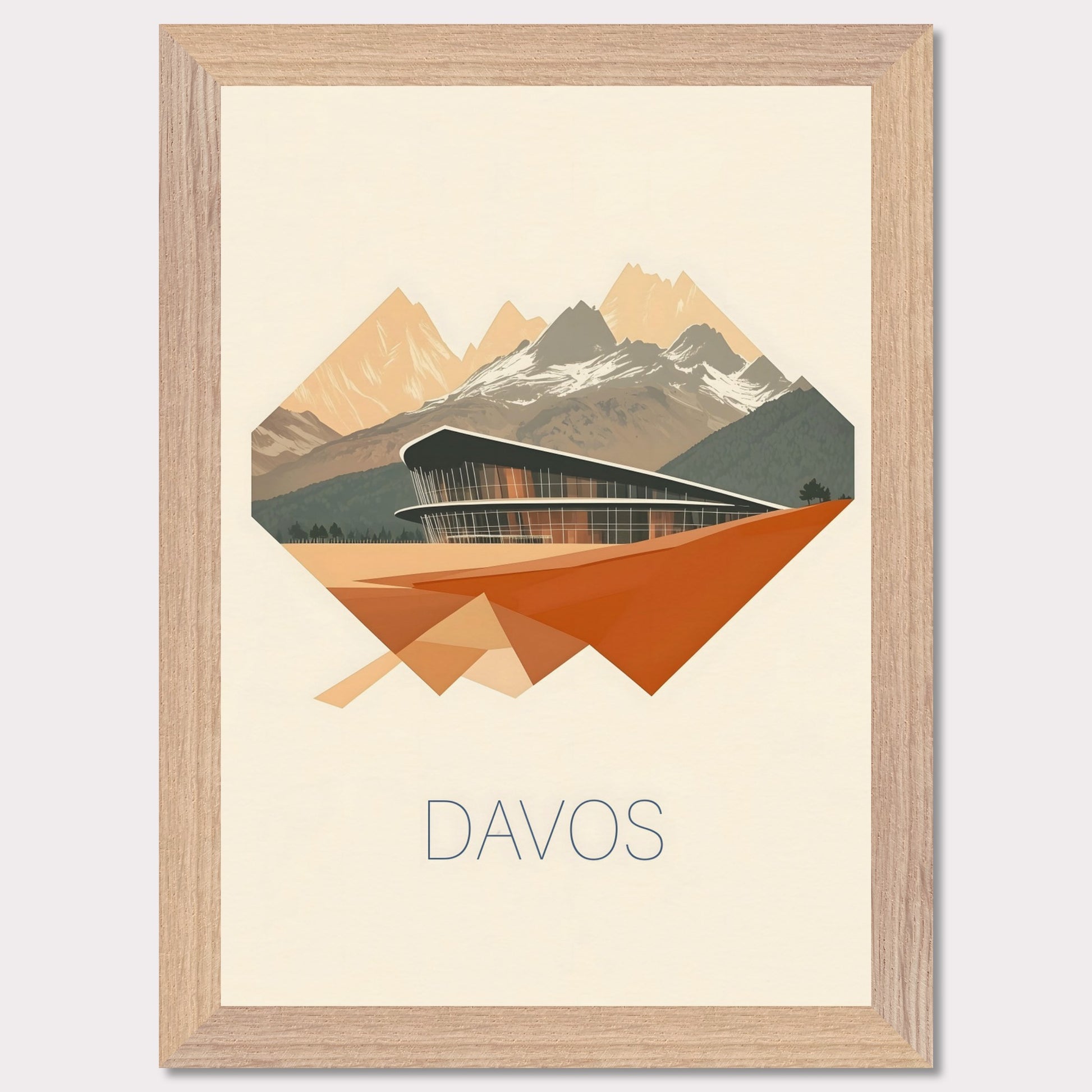 A visually striking poster featuring Davos’ futuristic architecture, integrated into an angular, geometric design. The sharp lines and warm earth tones contrast with the cool mountain backdrop, creating a bold, dynamic effect.