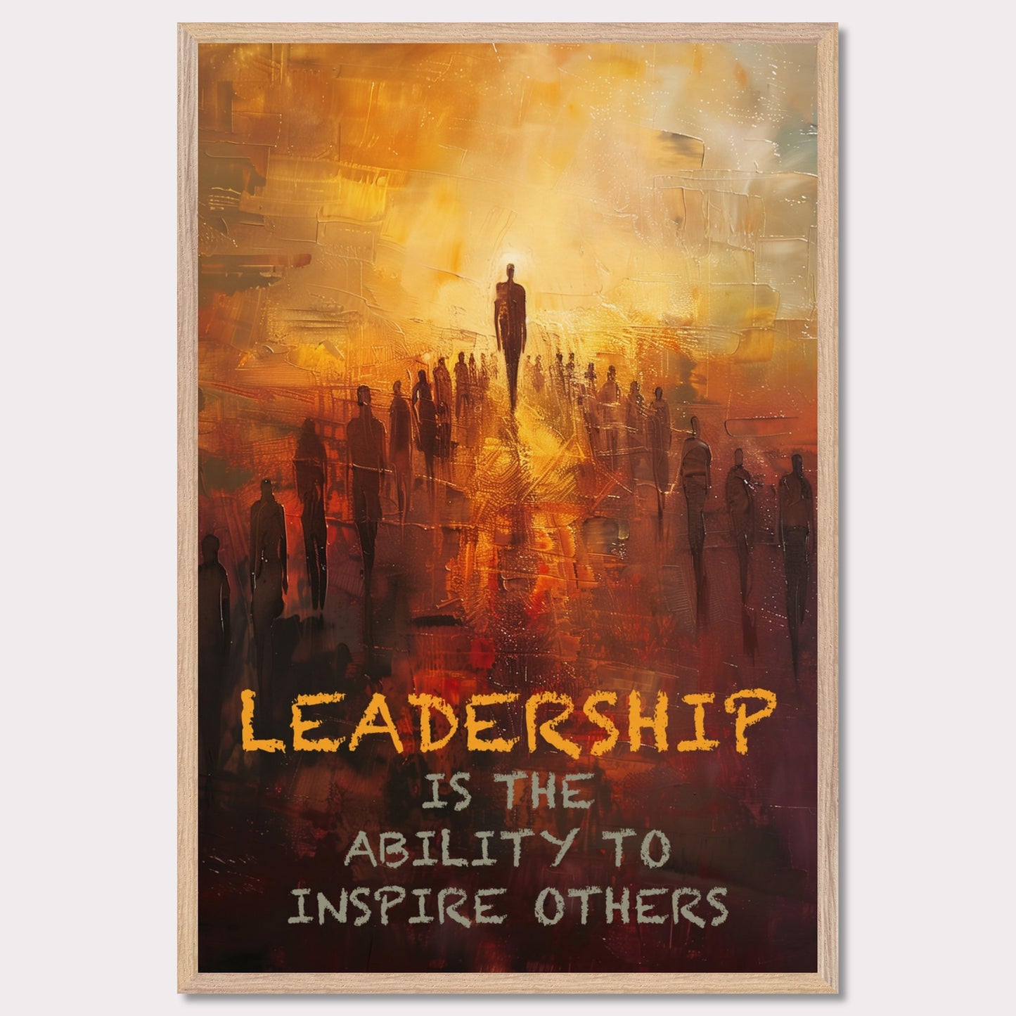 This image depicts a motivational poster with an abstract painting of a group of people following a prominent figure, symbolizing leadership. The background is a blend of warm colors like orange and yellow, creating a sense of inspiration and energy.