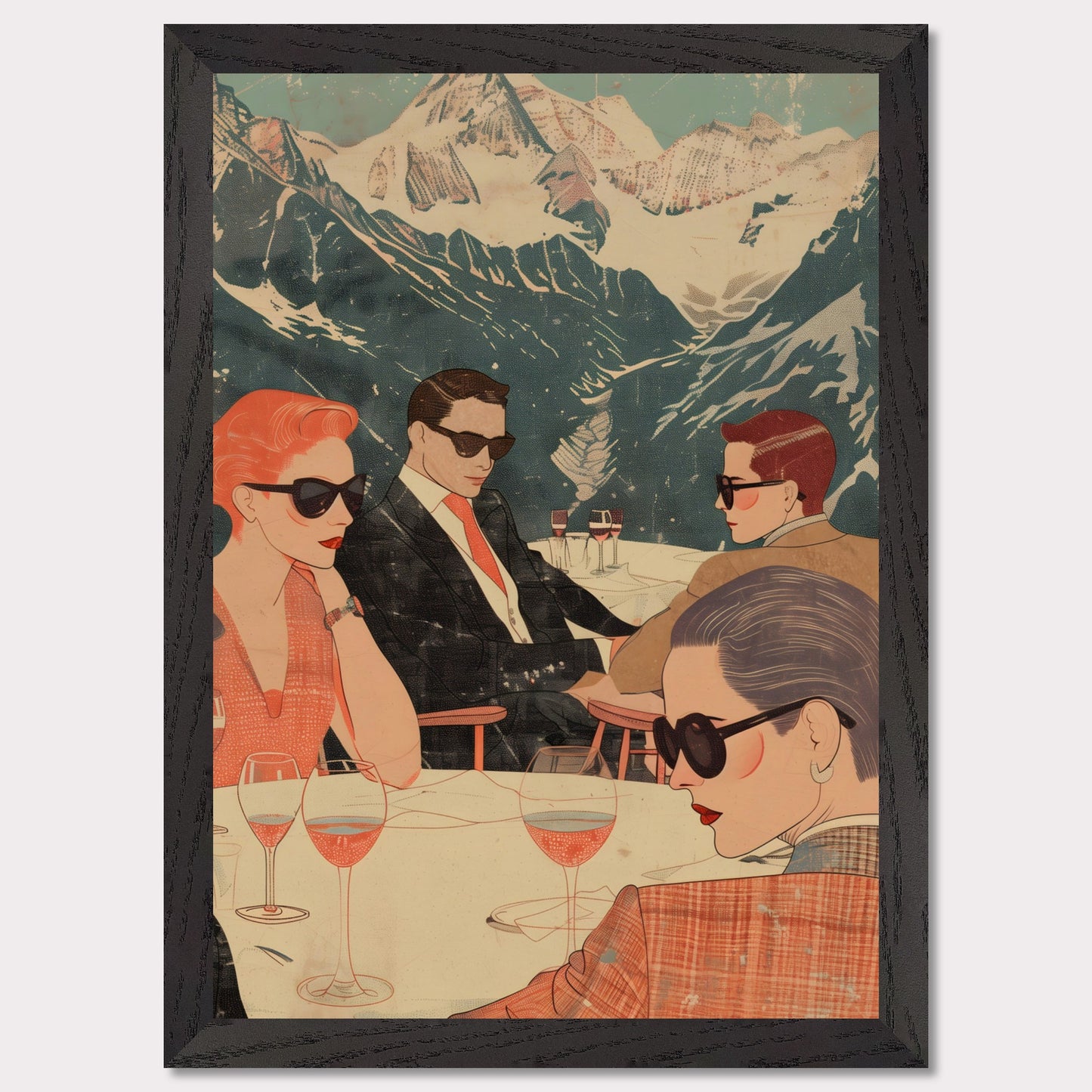 This captivating illustration depicts a stylish group of individuals enjoying a sophisticated gathering with a stunning mountain backdrop.