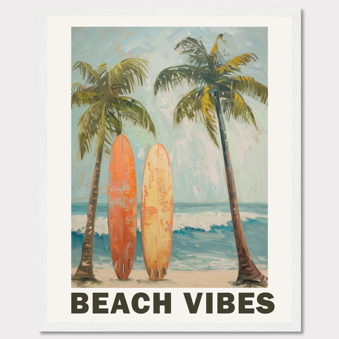 This vibrant artwork captures the essence of a perfect beach day. Two surfboards rest against tall palm trees, with waves crashing in the background and a clear sky above.