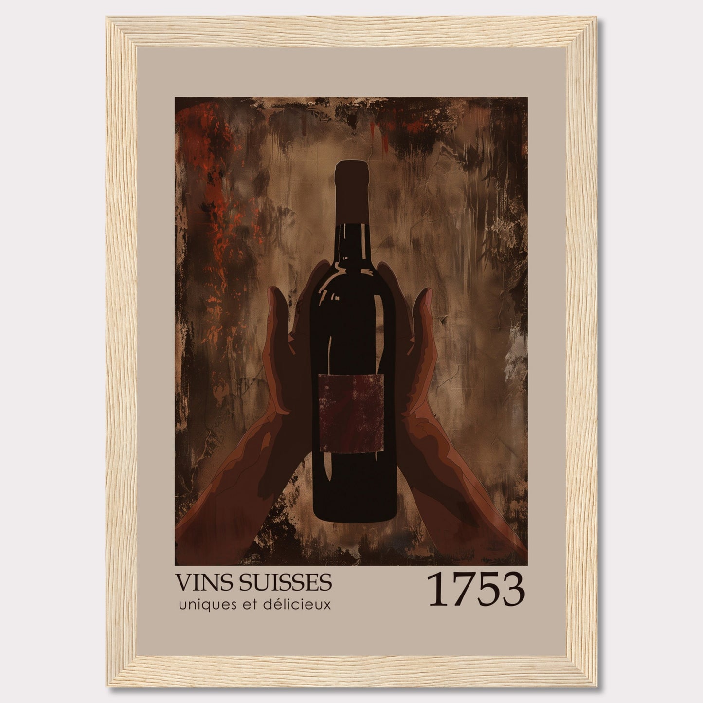 This image showcases a framed poster featuring a bottle of wine held by two hands against an abstract, textured background.