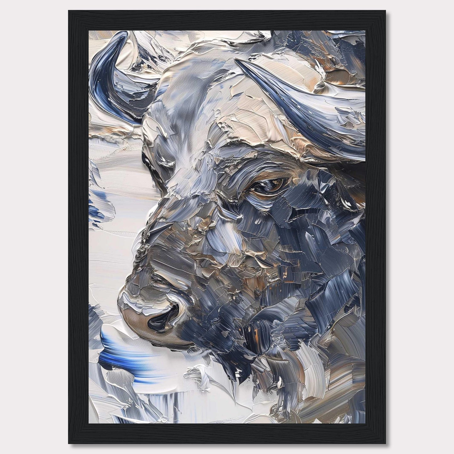 This stunning artwork captures the powerful essence of a bull through bold, textured brushstrokes. The painting's rich, earthy tones and dynamic use of color create a sense of strength and majesty.