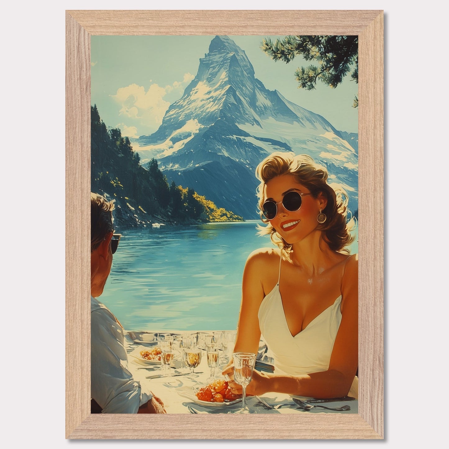 This illustration depicts a scenic outdoor dining setting by a lake with snowy mountains in the background. A woman in sunglasses and a white dress is smiling while holding a glass, and a man is sitting across from her.