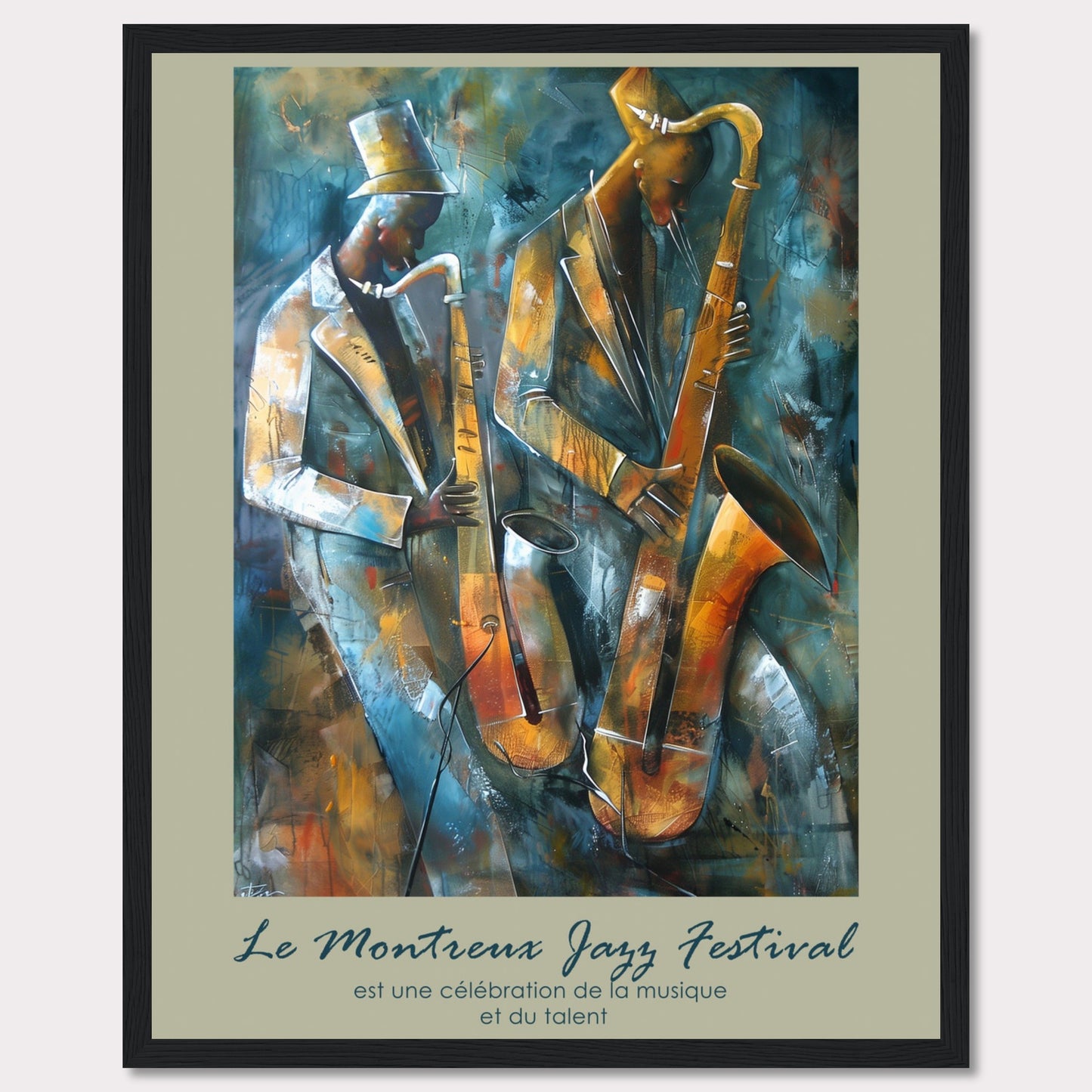 This vibrant artwork captures the essence of jazz with two musicians passionately playing their saxophones. The rich, abstract background adds depth and movement to the scene, emphasizing the dynamic nature of the music. The text at the bottom reads, "Le Montreux Jazz Festival est une célébration de la musique et du talent," highlighting the festival's celebration of music and talent.