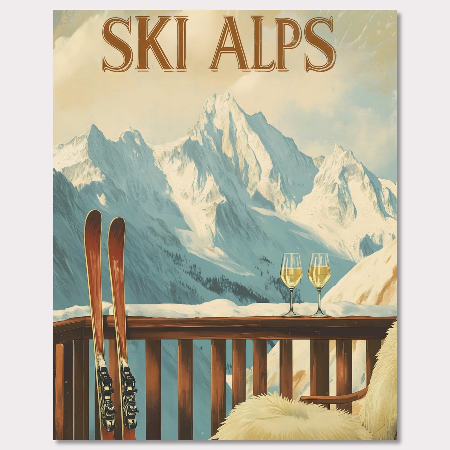 This soothing poster transports you to a tranquil alpine terrace with a breathtaking view of snow-covered peaks. A wooden chair draped in soft fur and paired with two glasses of sparkling wine sets the tone for a peaceful and intimate winter retreat.