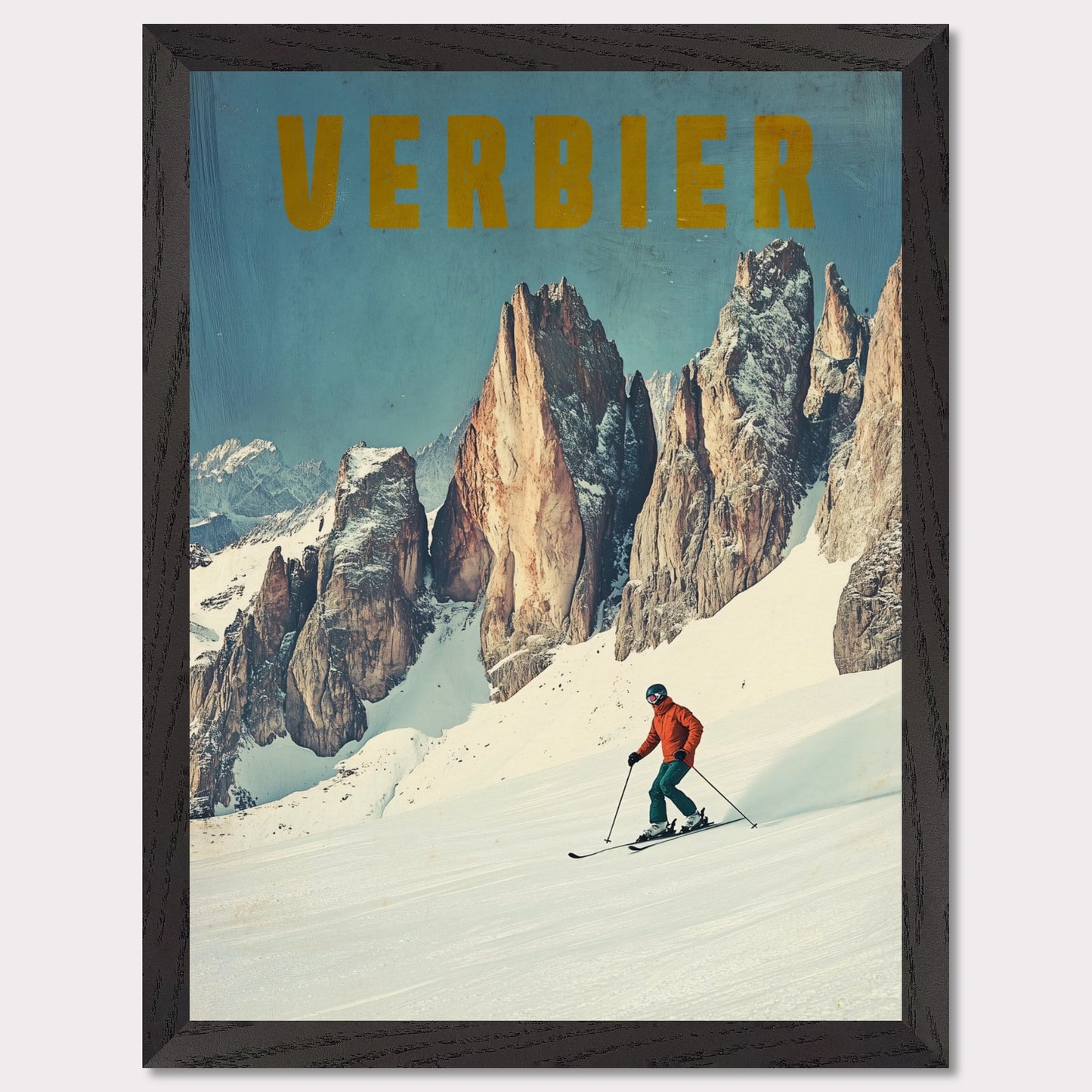 This stunning vintage poster showcases the essence of skiing in Verbier, with a lone skier carving through fresh powder beneath towering, jagged alpine peaks. The vibrant orange jacket of the skier contrasts beautifully with the crisp, snowy landscape and the rugged beauty of the mountains. The bold, retro typography reinforces the feeling of adventure and nostalgia, inviting viewers to experience the thrill of Verbier’s iconic slopes.