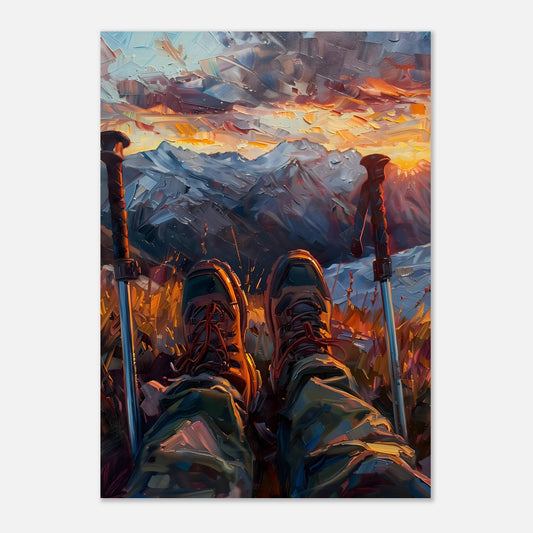 This illustration depicts a serene mountain landscape at sunset, viewed from the perspective of a hiker resting with their legs stretched out.