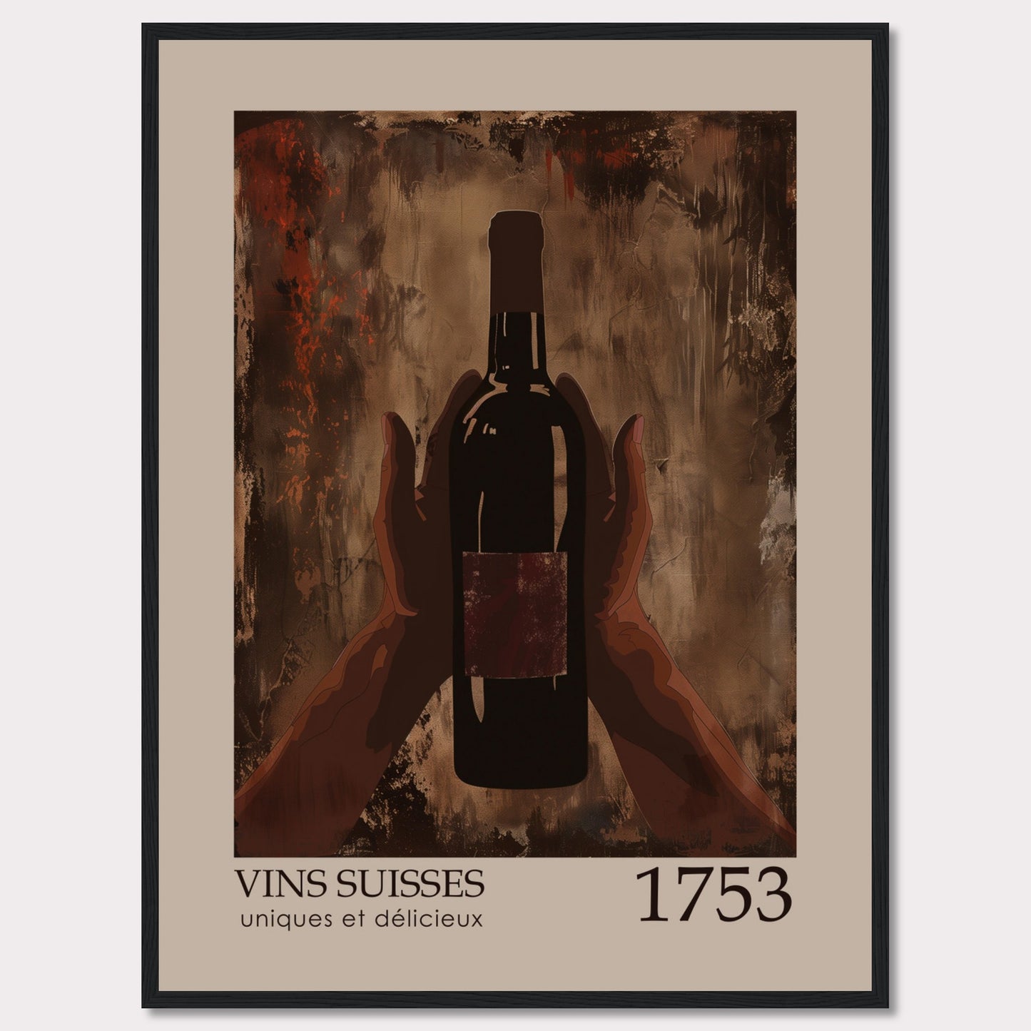 This image showcases a framed poster featuring a bottle of wine held by two hands against an abstract, textured background.