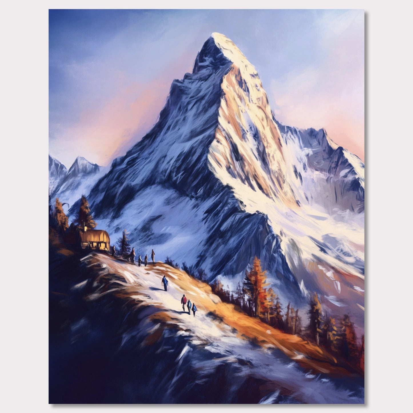 This atmospheric poster captures the awe-inspiring beauty of Zermatt, emphasizing the grandeur of the Matterhorn as it towers over a snow-dusted trail bathed in golden light. The soft, painterly style evokes a sense of tranquility and adventure, blending the rugged alpine landscape with the warmth of human activity.