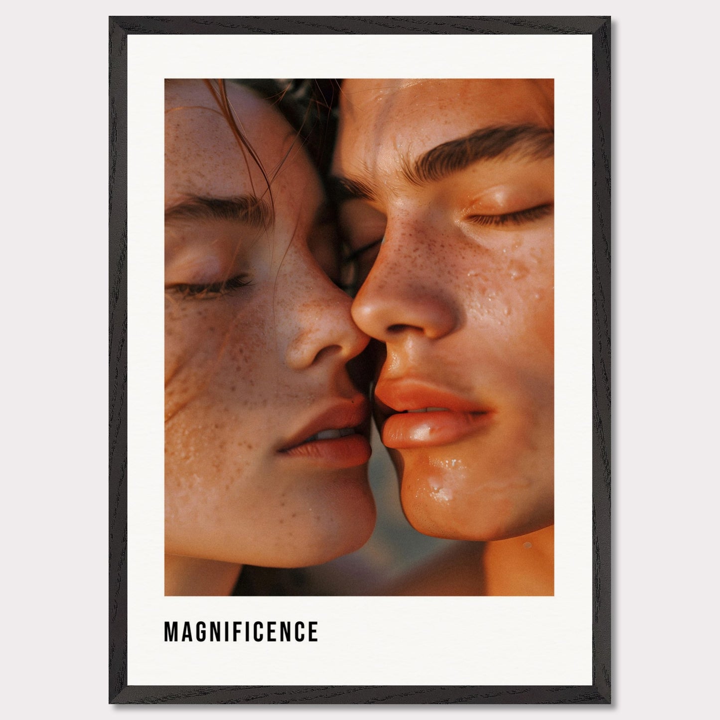 This illustration shows a close-up of two individuals with their faces intimately close, highlighting their freckles and closed eyes.

This poster will fit well in a modern living room, bedroom, or art studio, adding a touch of elegance and intimacy to the space.