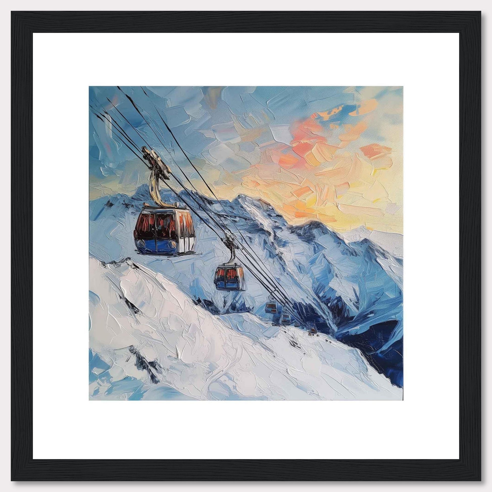 This stunning painting captures a picturesque mountain scene with two cable cars gliding over snowy peaks as the sun sets, casting a warm glow across the sky.