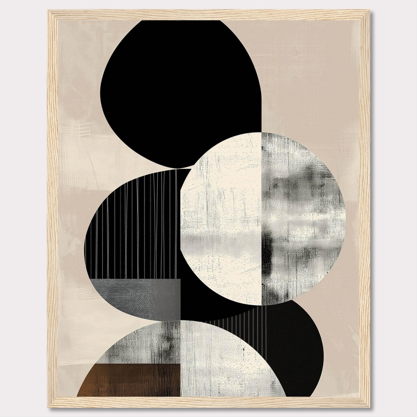 This image showcases a modern abstract art piece featuring geometric shapes in monochrome and neutral tones. The design includes overlapping circles and ovals with textured patterns.