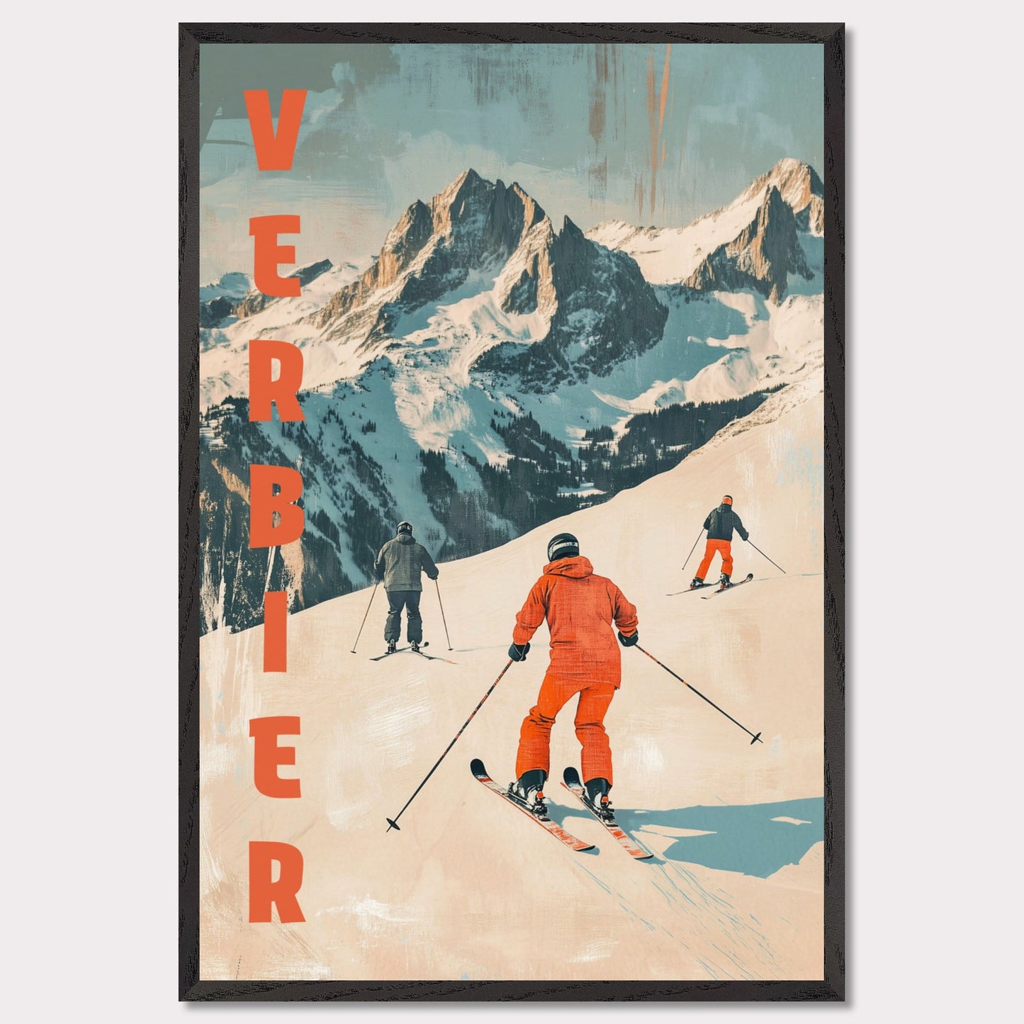 This retro-inspired poster vividly captures the exhilarating spirit of skiing in Verbier. A group of skiers clad in bold orange descends a pristine alpine slope, set against the majestic backdrop of rugged, snow-covered peaks. The textured vintage art style and muted color palette evoke nostalgia while celebrating the dynamic energy of winter sports.