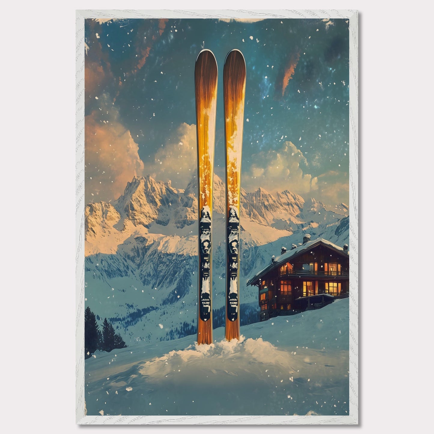 This enchanting poster portrays a serene winter scene with a skier gracefully gliding through untouched snow. The tranquil beauty of the snowy landscape, combined with the soft hues of a setting sun, creates an atmosphere of peace and connection with nature. The minimalistic style emphasizes simplicity and elegance.