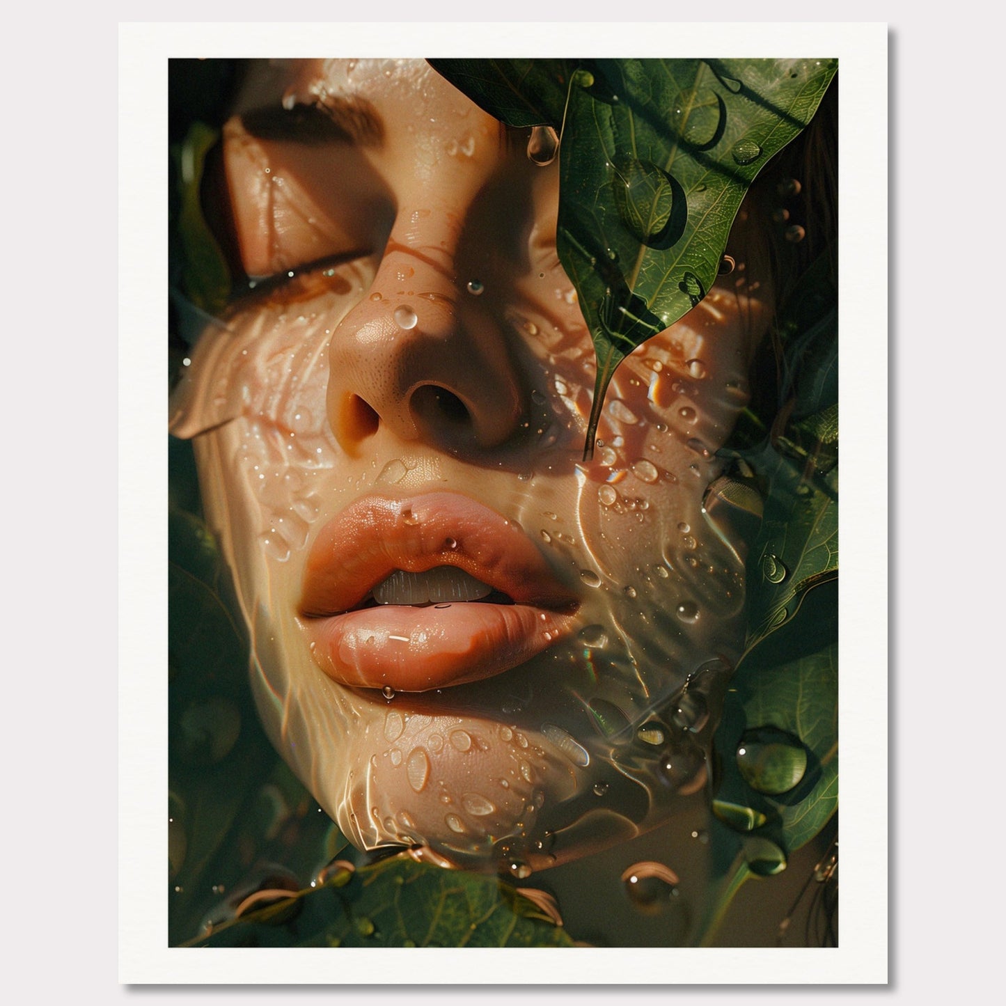 This is an artistic illustration depicting a close-up of a woman's face partially covered by leaves and water droplets.

This poster would fit well in a modern living room, bedroom, or office space, adding a touch of nature and surreal beauty to the decor.