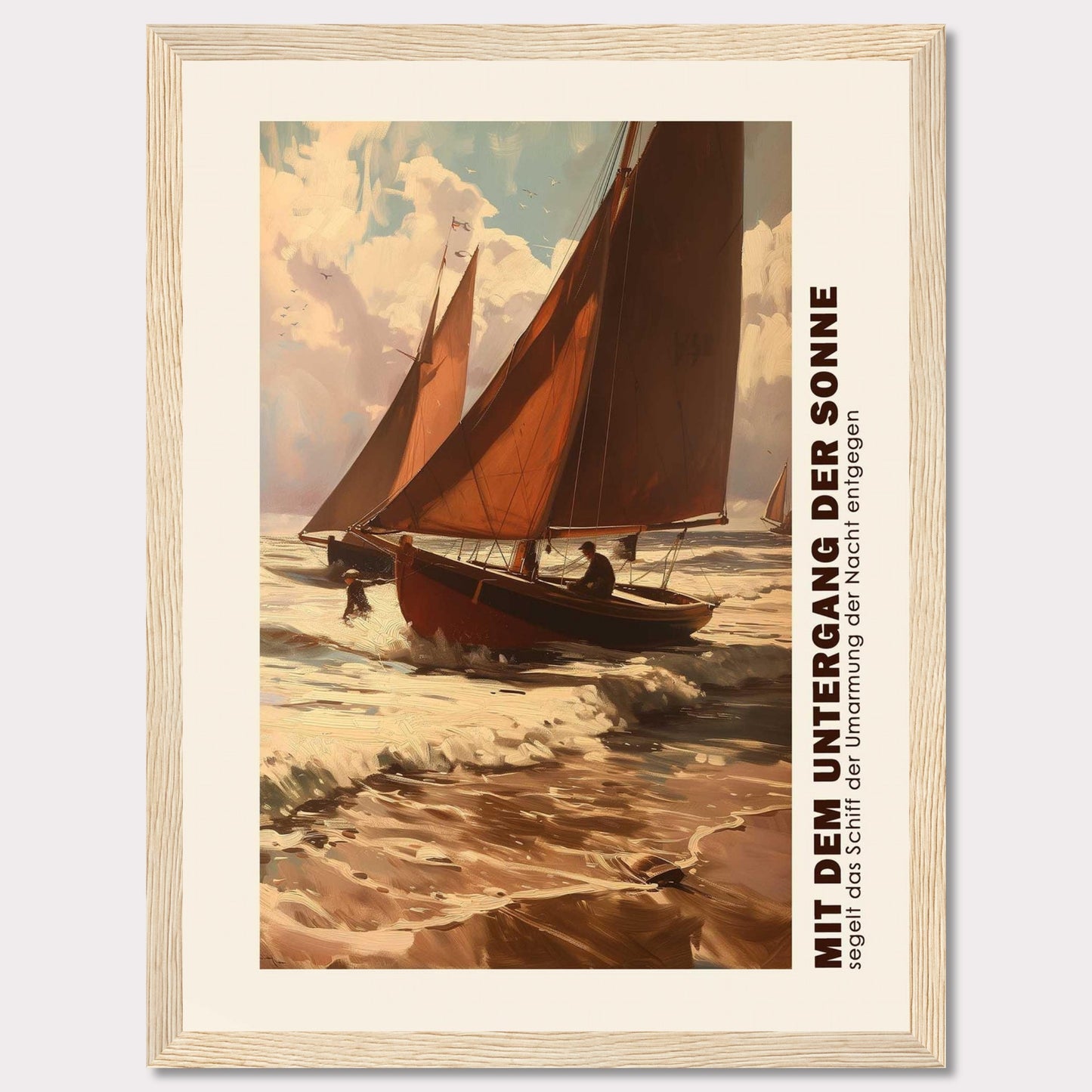 This captivating artwork depicts two sailboats navigating through the waves at sunset, with the sky painted in warm hues of orange and pink. The scene evokes a sense of adventure and tranquility as the boats head towards the horizon. The text on the side reads "MIT DEM UNTERGANG DER SONNE segelt das Schiff der Umarmung der Nacht entgegen," which translates to "With the setting of the sun, the ship sails towards the embrace of the night."