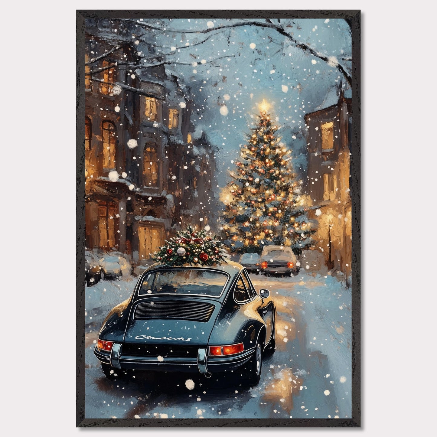 This enchanting poster portrays a snowy Swiss street with a beautifully adorned vintage car carrying a Christmas tree. The softly glowing lights and festive decorations create an atmosphere of joyous holiday anticipation. The combination of timeless cars and seasonal spirit brings a unique charm to this holiday scene.