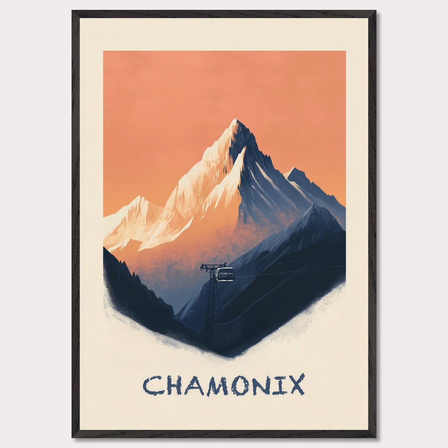 This breathtaking poster captures the rugged majesty of Chamonix, with the towering snow-capped peaks set against a warm, pastel sky. A cable car ascends through the mist, symbolizing adventure, exploration, and the timeless allure of the Alps.