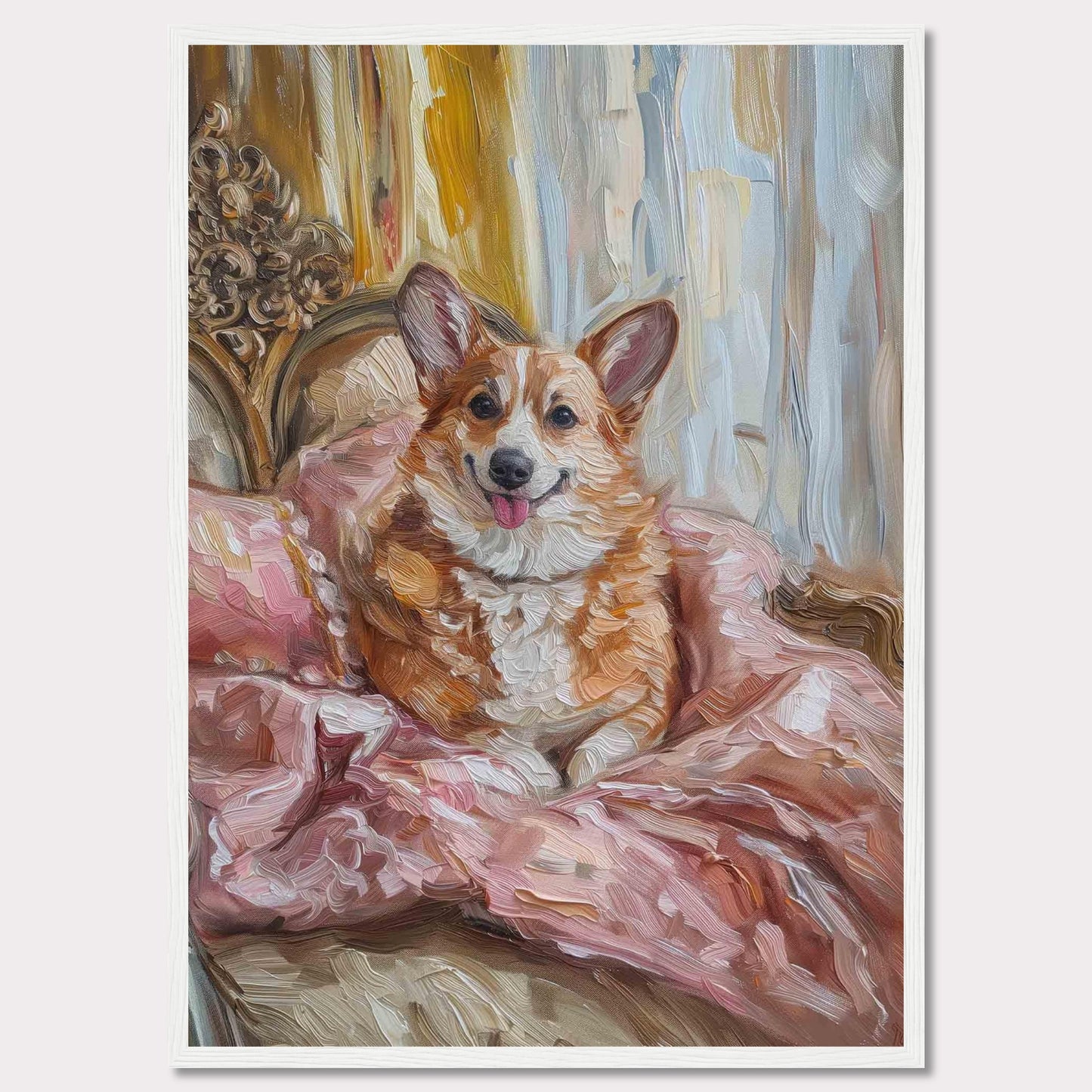 This charming painting captures a joyful corgi nestled in luxurious pink bedding, exuding warmth and happiness. The background features elegant drapery and ornate furniture, adding a touch of sophistication to the scene.