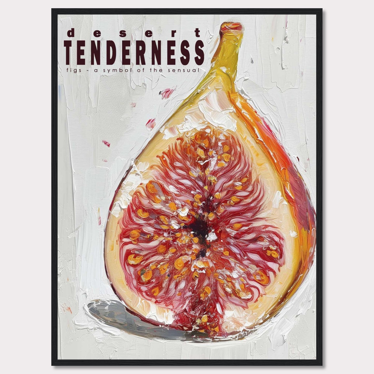 This image features an artistic representation of a fig, emphasizing its rich, sensual qualities. The painting uses bold brushstrokes and vibrant colors to highlight the intricate details of the fruit.