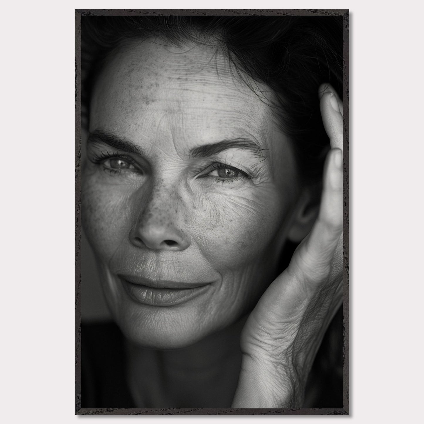 This black and white close-up portrait captures the essence of wisdom and serenity. The woman's expressive eyes, gentle smile, and the texture of her skin tell a story of a life well-lived.