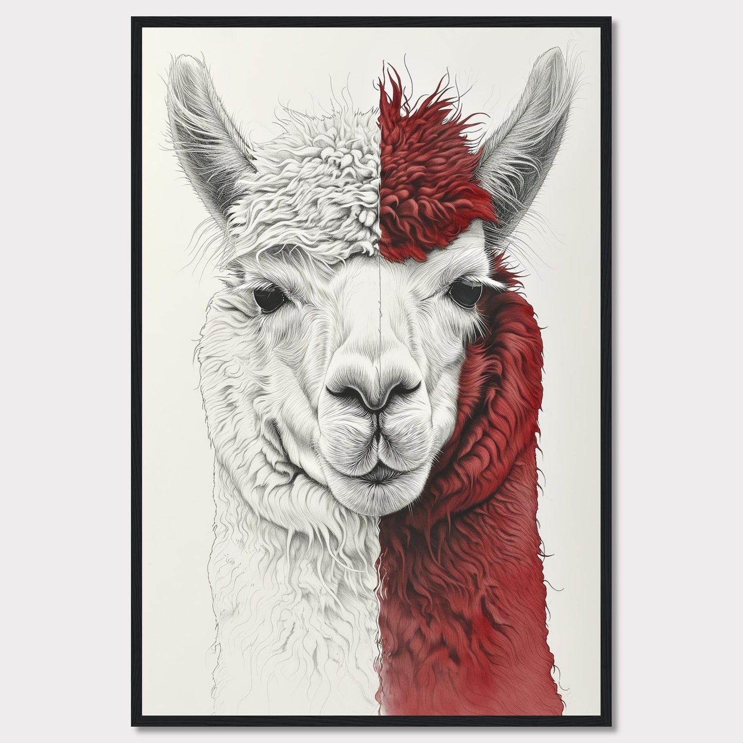 This striking artwork features a detailed illustration of an alpaca with a unique half-white, half-red fur pattern. The intricate lines and textures bring the alpaca's gentle expression to life, making it a captivating piece for any space.